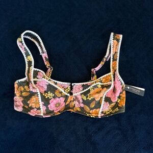 Victorias Secret Swim Floral Metallic Underwire Bikini Top 34DD Black Pink Gold